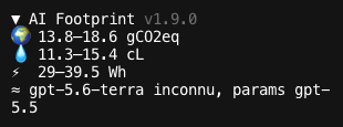 OpenCode sidebar showing the AI Footprint version, impact ranges, and model fallback warning