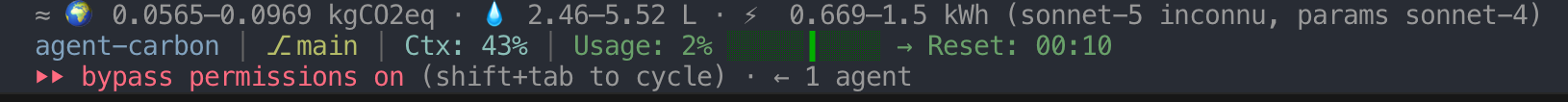 AI Footprint statusline showing live impact ranges during a Claude Code session